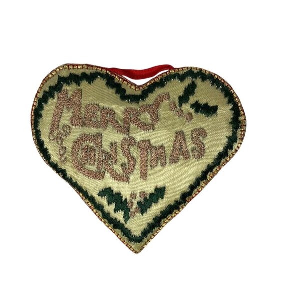 Handcrafted Other - Vintage Heart-Shaped Cross Stitch Merry Christmas Ornament Folk Art 3.5"